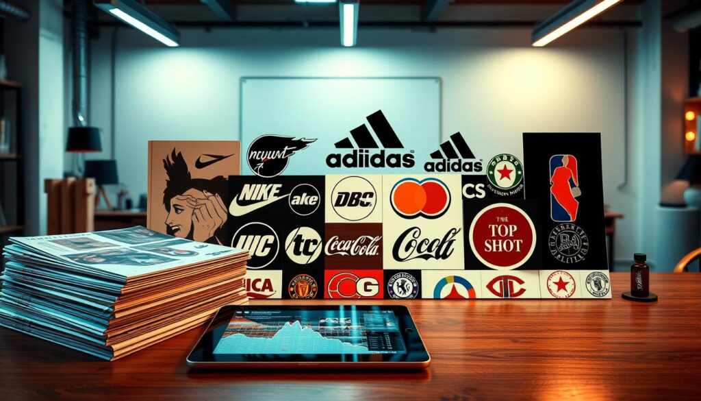 A meticulously crafted collage showcasing brand case studies, captured in a high-resolution, wide-angle photograph. The foreground features a stack of glossy brand reports and product mockups, accompanied by a sleek tablet displaying interactive data visualizations. The middle ground boasts a selection of iconic brand logos - Starbucks, Nike, Adidas, DC Comics, Coca-Cola, and NBA Top Shot - arranged in a visually striking pattern. The background is a clean, minimalist workspace with a subtle industrial aesthetic, softly illuminated by a warm, diffused lighting setup. The overall composition exudes a sense of professionalism, authority, and attention to detail, perfectly suited to illustrate the "Proven Brand Playbooks" section of the article.