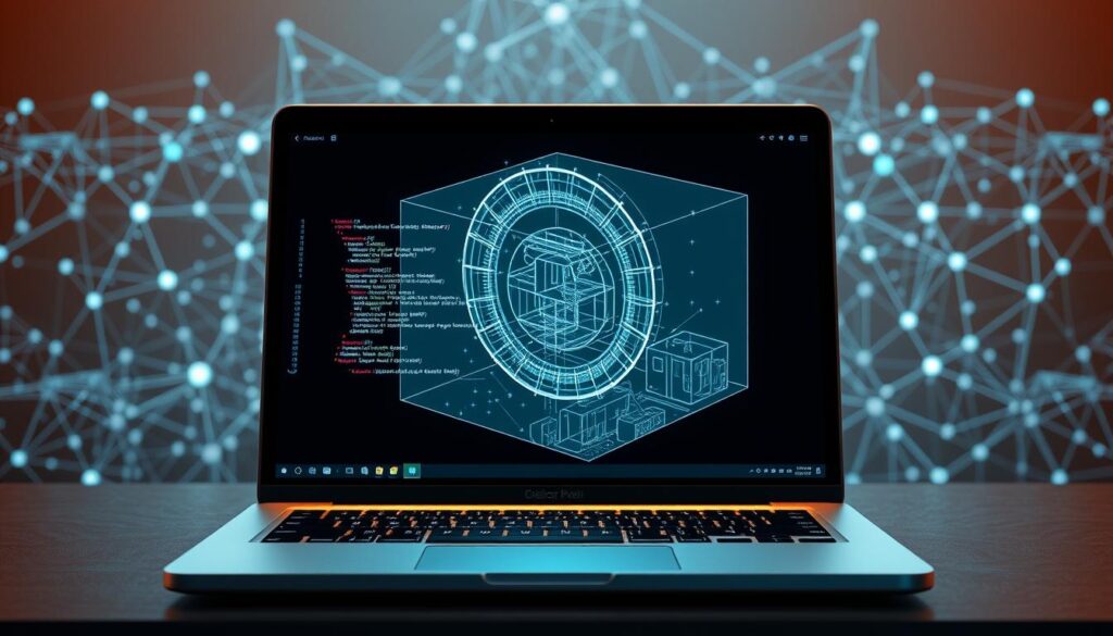 A meticulously crafted digital art piece depicting the step-by-step process of deploying an ERC721 token. In the foreground, a sleek and modern-looking laptop displays the code editor and terminal, showcasing the technical intricacies of the deployment process. The middle ground features a holographic projection of the token's smart contract, with its intricate architecture and functionality visually represented. In the background, a seamless integration of blockchain infrastructure, including nodes and distributed ledger technology, creates a sense of immersion and technological sophistication. The entire scene is bathed in a warm, subdued lighting, reflecting the focused and deliberate nature of the NFT minting workflow.