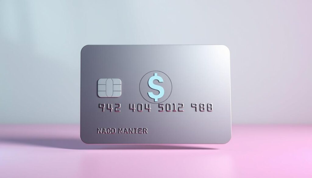 A modern and minimalist illustration of a credit card with a stylized cashback icon prominently displayed. The card is rendered in a sleek, metallic finish and is set against a blurred, pastel-toned background, creating a sense of depth and focus on the central design. Soft, directional lighting casts subtle shadows, accentuating the card's depth and texture. The overall composition conveys a clean, sophisticated, and visually appealing representation of the concept of earning cryptocurrency rewards through everyday spending.