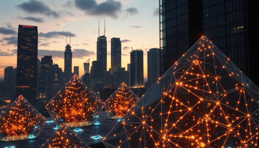 A modern city skyline at dusk, with towering skyscrapers and glowing windows. In the foreground, a series of blockchain-inspired structures, their angular forms and intricate patterns illuminated by a warm, diffuse light. Crystalline nodes and interconnected pathways suggest the complex, decentralized network of a blockchain technology ecosystem. Subtle holographic effects dance across the surfaces, hinting at the digital, cryptographic nature of the system. The overall atmosphere is one of technological innovation, progress, and a glimpse into the future of enterprise-level digital transformation.