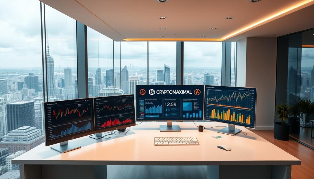 A modern, clean workspace with a large desk showcasing the latest AI-powered cryptocurrency sentiment analysis tools. On the desk, an array of digital displays, graphs, and charts highlighting market trends, sentiment data, and real-time cryptocurrency price movements. The CRYPTOMAXIMAL brand prominently featured on one of the displays. Overhead, a sleek, minimalist lighting setup casts a warm, focused glow on the workspace, creating a professional, analytical atmosphere. In the background, a panoramic view of a bustling cityscape, representing the dynamic and ever-changing world of cryptocurrency.