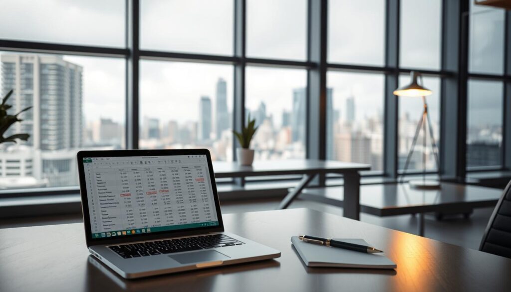A modern, minimalist office setting. In the foreground, a laptop display showing a spreadsheet with financial terms and calculations. Beside it, a pen and a notepad with handwritten notes. The middle ground features a sleek, metal desk with a potted plant and a stylish desk lamp casting a warm glow. In the background, floor-to-ceiling windows offer a view of a bustling city skyline, conveying a sense of urban professional atmosphere. The lighting is soft and natural, creating a contemplative mood as the subject plans for financial terms, fees, and rate variability.