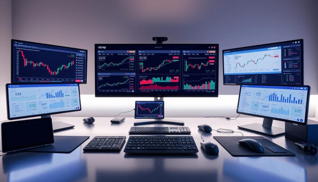 A modern, minimalist workspace showcasing an array of cryptocurrency trading tools. In the foreground, several high-resolution displays depict real-time charts, trading indicators, and portfolio analytics. The middle ground features various input devices like keyboards, mice, and tablets arranged in a clean, organized manner. The background is dominated by a sleek, metallic desk surface and a subtle, ambient lighting scheme that creates a calming, focused atmosphere. The overall scene conveys a sense of professionalism, efficiency, and technological sophistication appropriate for a crypto portfolio management platform.