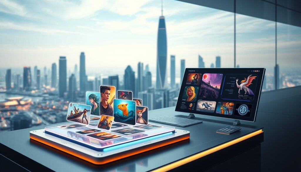 A modern, sleek blockchain interface showcasing the OpenSea platform. In the foreground, a 3D holographic display presents an array of vibrant, high-resolution NFT artworks, each with a unique digital signature. The middle ground features a minimalist dashboard with intuitive controls, seamlessly integrating the blockchain integration. In the background, a futuristic cityscape with towering skyscrapers and a dazzling skyline sets the scene, reflecting the expansive ecosystem of OpenSea. Soft, directional lighting creates depth and highlights the cutting-edge technology, while a sense of dynamism and innovation pervades the entire composition.