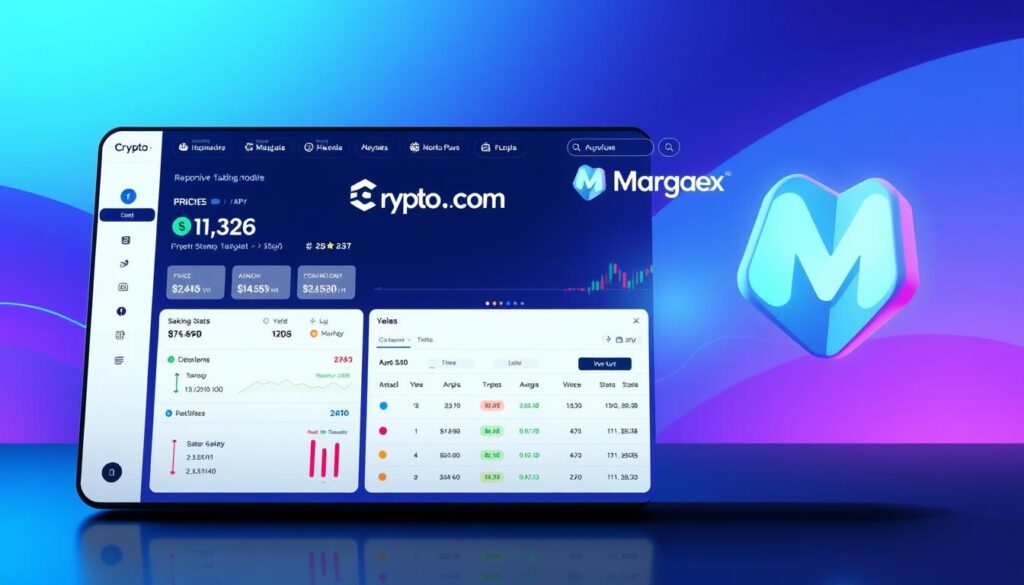 A modern, sleek crypto trading platform interface with a flexible staking module prominently displayed. The foreground shows a responsive, touch-friendly staking dashboard with detailed stats, balance, and yield information. The middle ground features smooth, animated charts tracking price and APY fluctuations. In the background, a stylized 3D Crypto.com and Margex logos float against a gradient of blues and purples, conveying a sense of technological innovation and financial security. Soft, indirect lighting creates depth and highlights the clean, minimalist design. The overall mood is one of control, transparency, and passive crypto rewards.