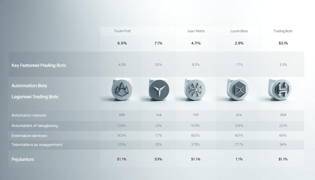A modern, sleek data visualization comparing the key features and performance metrics of several leading AI-powered cryptocurrency trading bots. Set against a minimalist, monochromatic backdrop, the bots are depicted as clean, three-dimensional icons arrayed in a grid layout. The icons are illuminated by soft, directional lighting, casting subtle shadows that add depth and dimensionality. The overall aesthetic is one of precision, efficiency and technological sophistication, reflecting the high-stakes world of automated crypto trading.