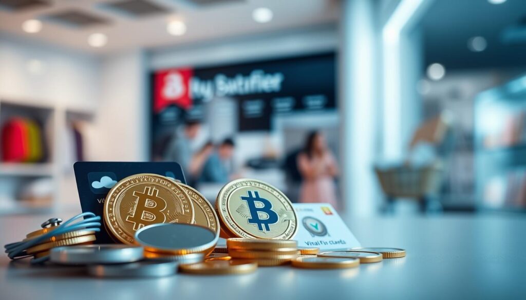 A modern, sleek design showcasing various digital rewards in the foreground, including cryptocurrency tokens, digital gift cards, and virtual loyalty points. In the middle ground, a blurred backdrop of a shopping website or mobile app, hinting at the digital shopping experience. The lighting is soft and diffused, creating a clean, minimalist aesthetic. The overall composition conveys a sense of convenience, value, and the seamless integration of cryptocurrency rewards into everyday shopping.