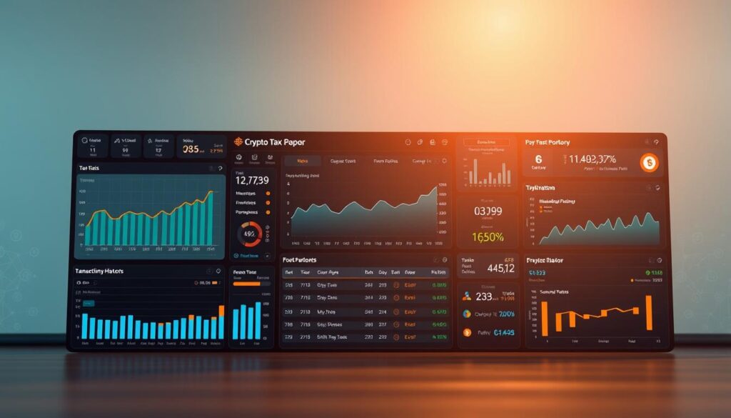 A modern, well-designed crypto tax reporting dashboard set against a sleek, minimalist background. The foreground features various interactive charts, graphs, and tables displaying detailed cryptocurrency portfolio data, transaction histories, and tax-relevant information. The middle ground showcases intuitive user interface elements like filters, sorting tools, and data visualization options. In the background, a subtle pattern of digital currency symbols and blockchain-inspired geometric shapes creates a technological, futuristic atmosphere. Warm, natural lighting casts a soft glow, while a shallow depth of field focuses attention on the central analytical tools. The overall scene conveys a sense of financial control, technological sophistication, and crypto tax compliance.