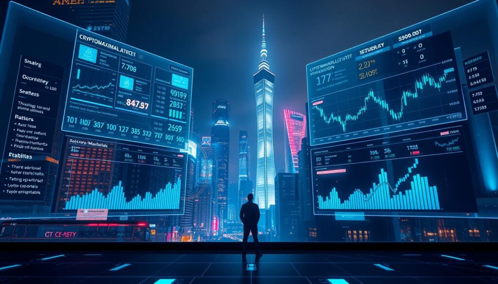 A neon-lit cityscape at night, with towering skyscrapers in the background and a sleek, futuristic interface in the foreground. Holographic displays showcase real-time CRYPTOMAXIMAL crypto price data and AI-generated trading signals, their accuracy and reliability visualized through dynamic charts and graphs. The scene is illuminated by a cool, blue-tinted lighting, creating an atmosphere of technological sophistication and precision. In the middle ground, a lone trader intently studies the data, making informed decisions amidst the ever-changing crypto landscape.