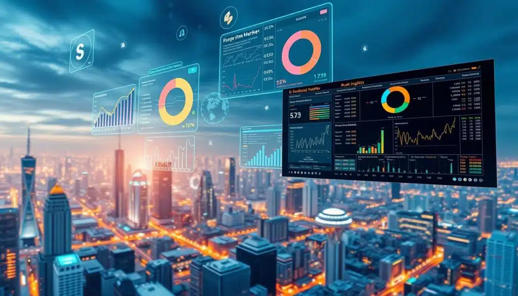 A panoramic view of a bustling blockchain market, with various data visualizations and analytical charts floating in the air. In the foreground, a sleek, futuristic interface showcases real-time insights, trends, and key performance indicators. The middle ground features a dynamic 3D representation of the cryptocurrency landscape, with virtual trading floors and data hubs. In the background, a cityscape of skyscrapers and technology hubs, illuminated by a warm, futuristic glow, creates a sense of innovation and progress. The overall scene conveys the power and potential of on-chain analytics for in-depth crypto market research.