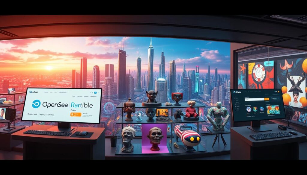 A panoramic view of a vibrant NFT marketplace, with a sleek and modern design. In the foreground, three leading platforms - OpenSea, Rarible, and others - are prominently displayed, each with its own distinct branding and interface. The middle ground showcases an array of digital artworks, from captivating 3D sculptures to colorful abstract paintings, all available for purchase. The background features a futuristic cityscape, with gleaming skyscrapers and a vibrant, neon-lit skyline, reflecting the dynamic and ever-evolving nature of the NFT industry. The scene is bathed in a warm, cinematic lighting, creating a sense of depth and atmosphere. The overall composition conveys the diversity and innovation of the NFT marketplace, inviting the viewer to explore and discover the boundless possibilities of digital art.