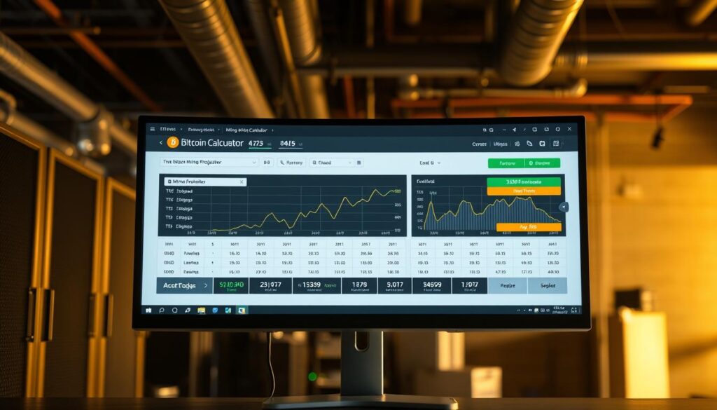 A professional and sleek-looking bitcoin mining calculator displayed on a high-resolution computer monitor, set against a backdrop of a dimly lit, industrial-style room. The calculator interface features clear, intuitive controls and dynamic graphs showcasing mining profitability projections. The overall scene conveys a sense of technological sophistication and financial analysis, suitable for illustrating a section on cryptocurrency mining profitability.