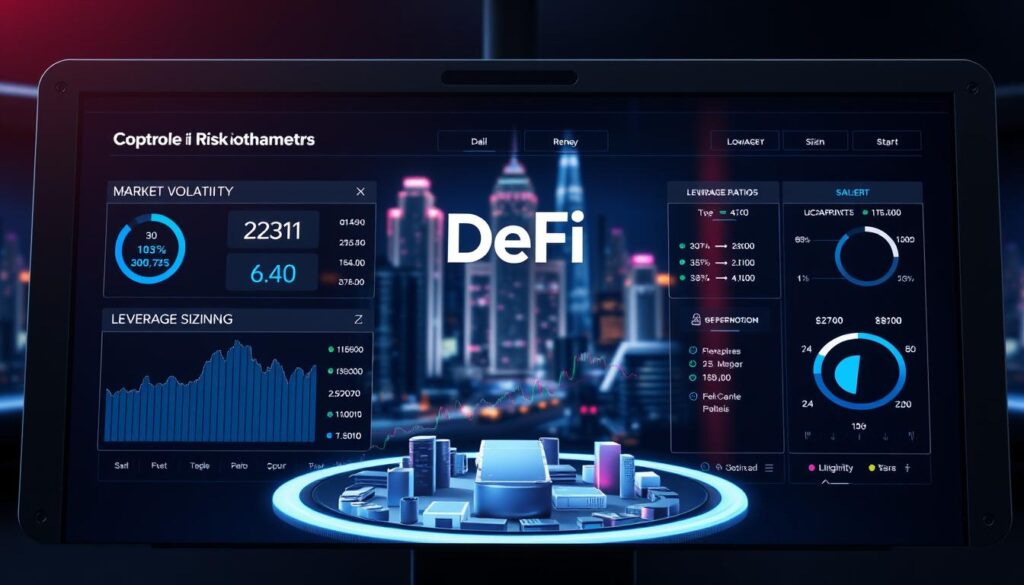 A professional and sleek-looking control panel displaying key metrics for risk management in DeFi trading, with a CRYPTOMAXIMAL logo prominently featured. The foreground showcases real-time data on market volatility, leverage ratios, and position sizing, all presented in a clean, intuitive interface. The middle ground depicts a 3D visualization of a decentralized exchange, with trading pairs and liquidity pools. The background features a futuristic cityscape with neon-lit skyscrapers, conveying the cutting-edge, high-tech nature of the DeFi ecosystem. Dramatic lighting, depth of field, and a moody color palette create a visually striking and informative image.