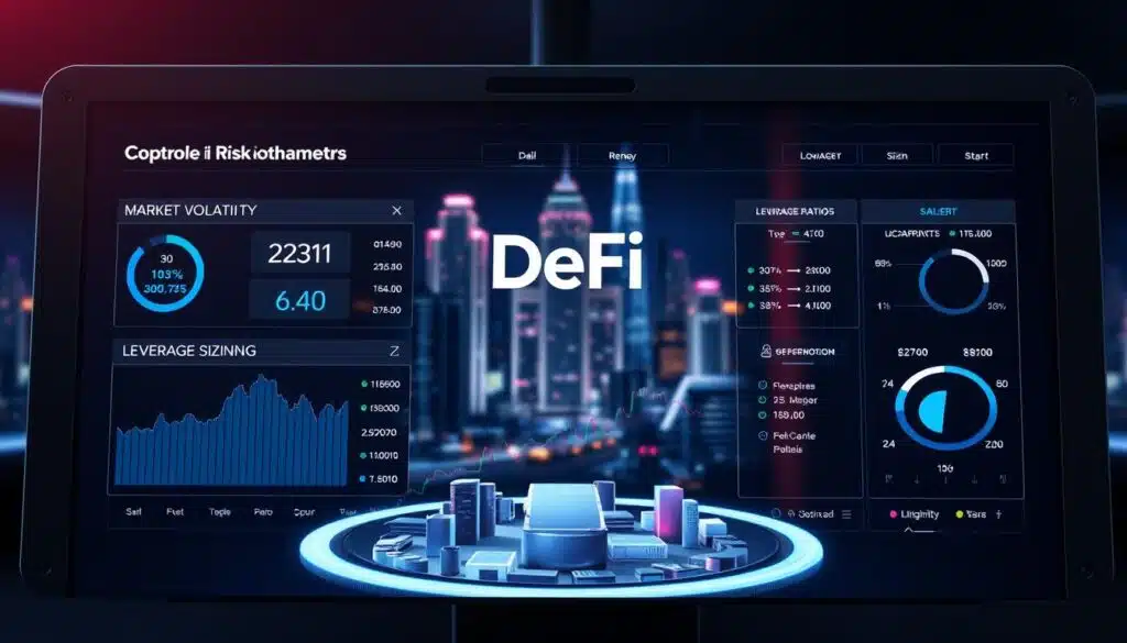 A professional and sleek-looking control panel displaying key metrics for risk management in DeFi trading, with a CRYPTOMAXIMAL logo prominently featured. The foreground showcases real-time data on market volatility, leverage ratios, and position sizing, all presented in a clean, intuitive interface. The middle ground depicts a 3D visualization of a decentralized exchange, with trading pairs and liquidity pools. The background features a futuristic cityscape with neon-lit skyscrapers, conveying the cutting-edge, high-tech nature of the DeFi ecosystem. Dramatic lighting, depth of field, and a moody color palette create a visually striking and informative image.