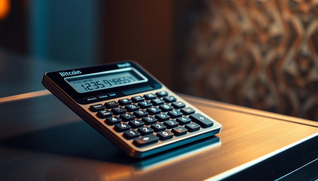 A professional bitcoin mining calculator resting on a sleek, metal surface, illuminated by warm, directional lighting. The calculator's display shows intricate calculations and analytics, reflecting the complex computational processes of cryptocurrency mining. In the background, a subtle grid pattern evokes the interconnected blockchain technology. The overall scene conveys a sense of technological sophistication and precision, suitable for illustrating the inner workings of a mining profitability calculator.