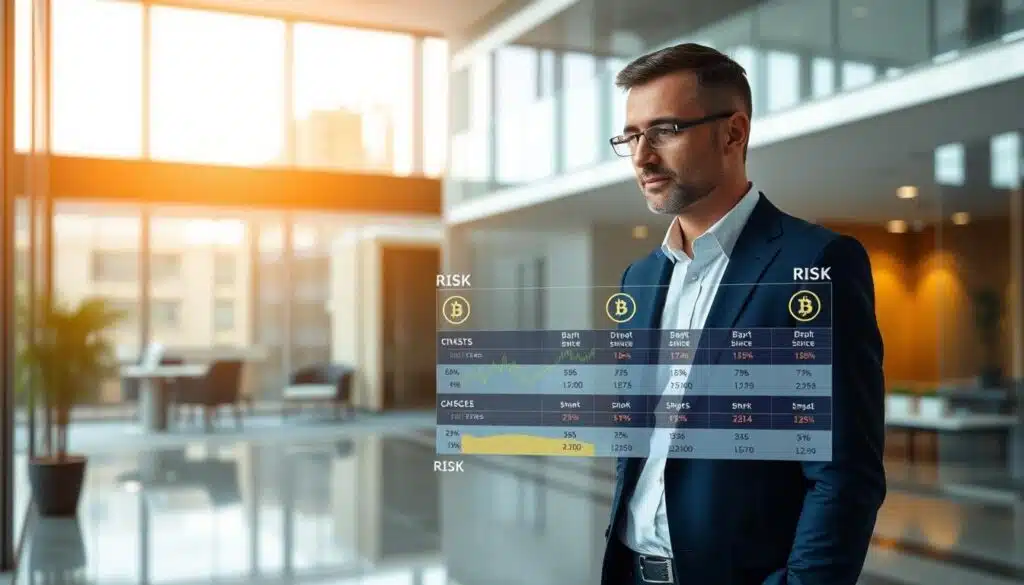 A professional financial advisor standing in a well-lit office, thoughtfully examining a digital display showcasing various crypto assets and their risk profiles. In the background, a sleek, modern office space with floor-to-ceiling windows, creating a sense of transparency and clarity. The advisor wears a tailored suit, exuding an air of expertise and authority. The image conveys a sense of careful consideration, with the advisor's gaze fixed on the data, highlighting the importance of strategic risk management in the volatile crypto market.