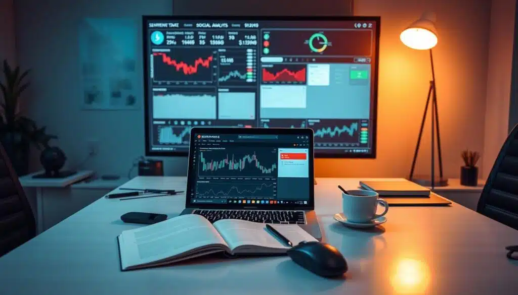 A professional office setting with a desk showcasing various sentiment analysis tools. On the desk, there is a laptop displaying a dashboard with charts and graphs, alongside an open notebook, a cup of coffee, and a mouse. In the background, a large monitor displays visualizations of market data and social media sentiment. Warm lighting casts a subtle glow, creating a focused and analytical atmosphere. The image conveys the importance of comprehensive sentiment analysis in understanding the crypto market's outlook.