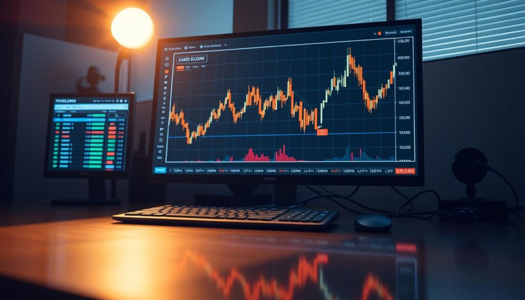 A professional trading desk with a cryptocurrency exchange terminal. Prominent on the screen, a dynamic Relative Strength Index (RSI) indicator visualizes the cryptocurrency market's momentum. The desk is illuminated by a warm, focused light, creating a sophisticated, analytical atmosphere. The RSI chart is rendered with high fidelity, its lines and oscillations capturing the rhythmic flow of the digital assets. Subtle reflections on the desk's surface mirror the real-time data, underscoring the symbiosis between trader and technology. The overall scene evokes a sense of expertise, discipline, and the steady pulse of the cryptocurrency markets.