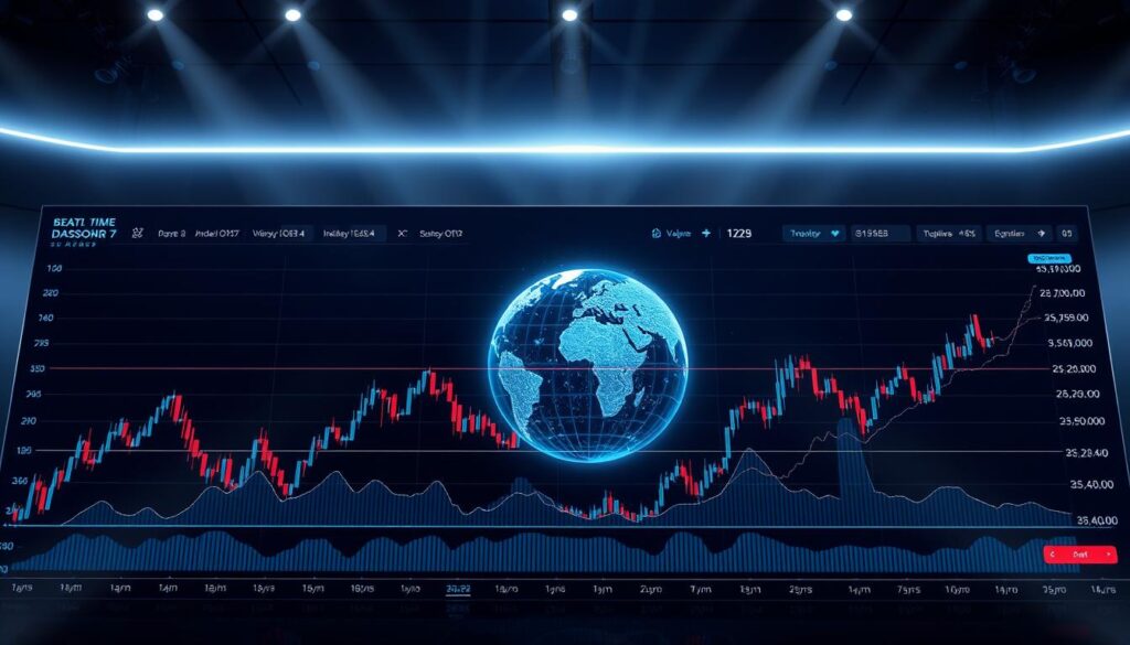 A real-time cryptocurrency trading dashboard set against a sleek, futuristic backdrop. The foreground features a dynamic display of line graphs, candlestick charts, and trading volume indicators, providing a comprehensive overview of market trends. The middle ground showcases a stylized, holographic globe, subtly hinting at the global scale of the crypto economy. The background is illuminated by a soft, ambient glow, creating a sense of technological sophistication. Lighting is dramatic, with beams of light cutting through the scene, enhancing the sense of depth and motion. The overall atmosphere conveys a balance of power, precision, and the ever-evolving nature of the cryptocurrency market.