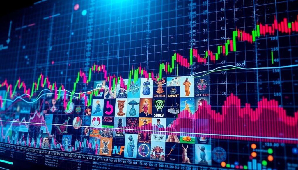 A real-time visualization of the dynamic NFT market landscape, captured through a digital lens. In the foreground, vibrant line graphs and candlestick charts depict the constant ebb and flow of NFT prices, with fluctuating values and trading volumes. The middle ground showcases a collage of various NFT artworks, each representing the diverse range of digital assets being bought and sold. In the background, a holographic grid system overlays the scene, providing a futuristic, data-driven context to the evolving NFT ecosystem. The lighting is a blend of cool, analytical tones and warm, ethereal hues, conveying the simultaneous precision and mystique of this thriving digital marketplace.