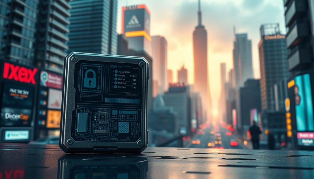 A secure digital wallet against a backdrop of a futuristic cyberpunk cityscape. In the foreground, the wallet is encased in a gleaming metal shell, with intricate circuitry and biometric locks visible. The mid-ground features a serene holographic display showcasing various cryptocurrency balances and transaction history. In the background, towering skyscrapers and neon-lit streets create a sense of technological sophistication and urban dynamism. Dramatic lighting casts dramatic shadows, evoking a mood of precision, security, and financial empowerment. Captured with a wide-angle lens to convey a sense of scale and immersion.