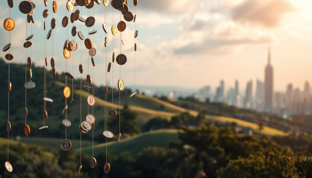 A serene airdrop scene, captured in high resolution. In the foreground, a cascade of metallic tokens gently descending from the sky, their reflective surfaces catching the warm rays of the sun. The middle ground features a lush, verdant landscape, with rolling hills and swaying trees providing a natural backdrop. In the distance, a modern city skyline emerges, its sleek, futuristic architecture hinting at the technological advancements powering this digital currency distribution. The lighting is soft and diffuse, creating a sense of tranquility and wonder, as the airborne tokens seem to float effortlessly, ready to be claimed by eager recipients. The overall composition conveys a sense of opportunity and discovery, perfectly capturing the essence of a cryptocurrency airdrop.