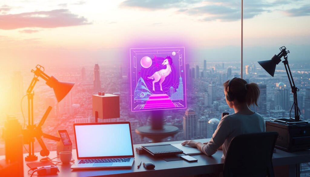 A serene and inviting composition depicting the benefits of NFT royalties for creators. In the foreground, a digital artist sits at their workstation, engrossed in the creative process, with a glowing laptop screen and various art tools surrounding them. In the middle ground, a vibrant, holographic NFT artwork emerges, showcasing the creator's unique style and talent. The background features a futuristic cityscape, hinting at the global reach and impact of the creator's work. Warm, diffused lighting casts a sense of optimism and success, while a subtle gradient in the sky suggests the boundless opportunities offered by NFT royalties. The overall scene conveys the empowerment, financial security, and creative fulfillment that creators can achieve through NFT technology.
