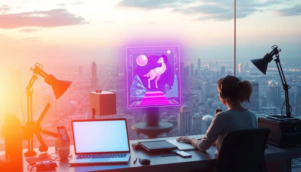 A serene and inviting composition depicting the benefits of NFT royalties for creators. In the foreground, a digital artist sits at their workstation, engrossed in the creative process, with a glowing laptop screen and various art tools surrounding them. In the middle ground, a vibrant, holographic NFT artwork emerges, showcasing the creator's unique style and talent. The background features a futuristic cityscape, hinting at the global reach and impact of the creator's work. Warm, diffused lighting casts a sense of optimism and success, while a subtle gradient in the sky suggests the boundless opportunities offered by NFT royalties. The overall scene conveys the empowerment, financial security, and creative fulfillment that creators can achieve through NFT technology.