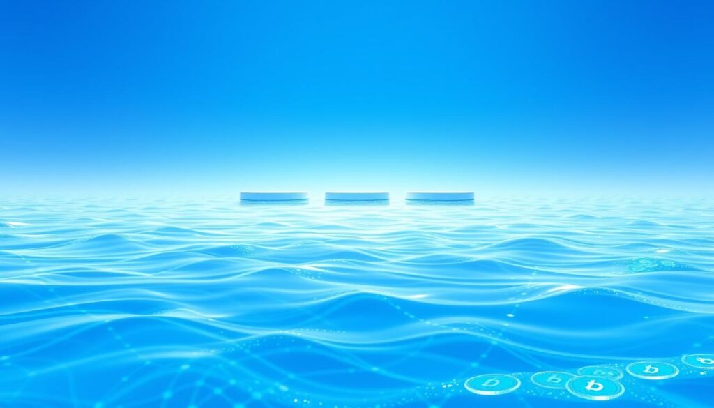 A serene digital landscape, bathed in a soft blue glow. In the foreground, a transparent pool of liquidity shimmers, its surface reflecting the tranquil sky above. Undulating waves of digital tokens flow through the pool, creating a mesmerizing pattern. In the middle ground, a series of sleek, minimalist platforms represent the various DeFi protocols facilitating this stablecoin liquidity provision. The background is a subtly textured grid, hinting at the complex blockchain infrastructure supporting this lower-volatility yield opportunity. The overall atmosphere conveys a sense of stability, security, and the seamless integration of traditional finance and decentralized finance.