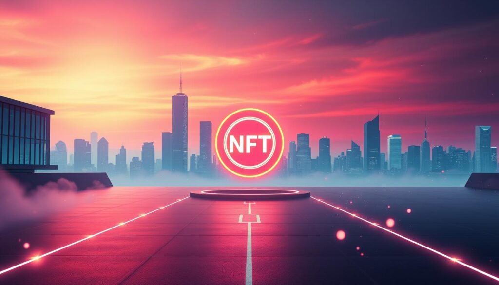 A serene digital landscape with a central NFT icon representing the core benefits of a customer loyalty program. The NFT is illuminated by a warm, inviting light, surrounded by a glowing halo. In the background, a minimalist cityscape with sleek, modern architecture and a vibrant, neon-tinged sky, symbolizing the dynamic, tech-savvy nature of the loyalty system. Soft, ethereal particles drift through the scene, creating a sense of depth and mystique. The overall composition conveys the core value proposition of the NFT loyalty program - enhanced customer engagement, brand loyalty, and a seamless, futuristic user experience.