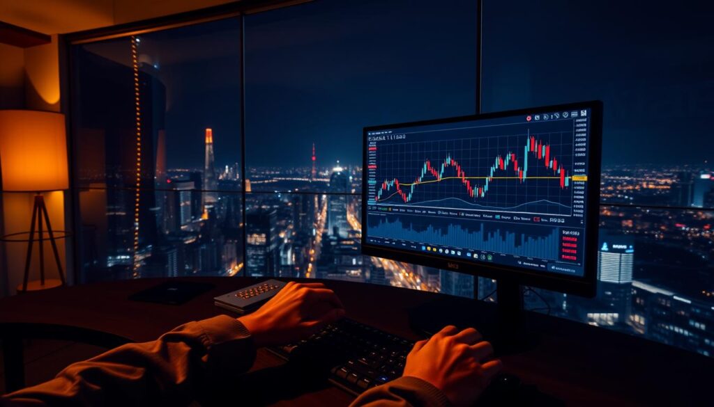 A serene, dimly lit trading room with a panoramic view of a bustling cityscape at night. In the foreground, a trader's desk featuring a dual-monitor setup displaying a cryptocurrency trading platform, the screen showing a Fibonacci retracement chart with prominent levels. The trader's hands are poised over the keyboard, deep in concentration. Soft, warm lighting illuminates the scene, casting subtle shadows and highlights the intricate details of the trading tools and equipment. The atmosphere is one of focus, determination, and the thrill of navigating the volatile digital asset markets.