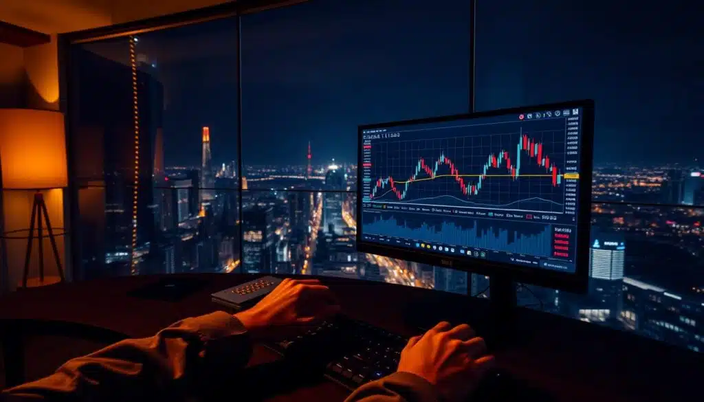 A serene, dimly lit trading room with a panoramic view of a bustling cityscape at night. In the foreground, a trader's desk featuring a dual-monitor setup displaying a cryptocurrency trading platform, the screen showing a Fibonacci retracement chart with prominent levels. The trader's hands are poised over the keyboard, deep in concentration. Soft, warm lighting illuminates the scene, casting subtle shadows and highlights the intricate details of the trading tools and equipment. The atmosphere is one of focus, determination, and the thrill of navigating the volatile digital asset markets.