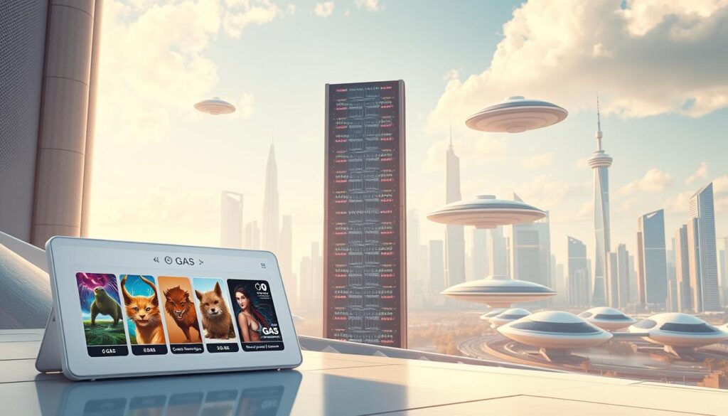A serene, futuristic landscape showcasing various gas-free NFT marketplaces. In the foreground, a sleek, minimalist interface displays a selection of digital artworks, each with a clear "0 GAS" label. The middle ground features a towering blockchain server rack, its LED indicators pulsing with data, symbolizing the efficient, low-cost transactions. In the background, a cityscape of gleaming skyscrapers and hovering transport pods reflects the advanced, eco-friendly technological infrastructure powering these innovative, gas-free platforms. Warm, diffused lighting bathes the scene, conveying a sense of progress and accessibility in the world of NFTs.