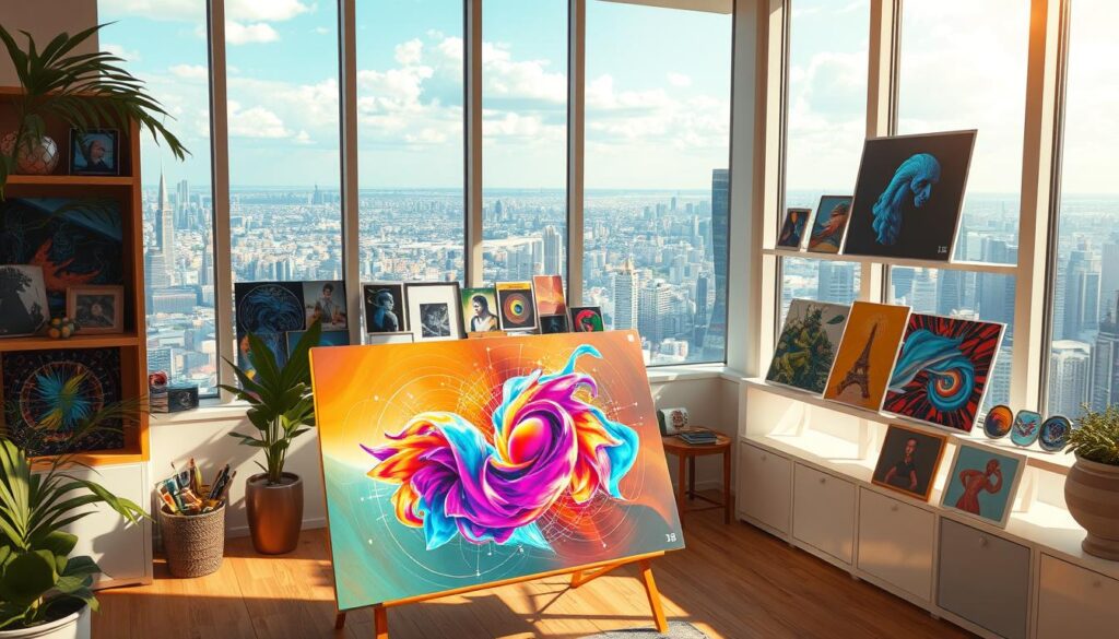 A serene, sun-dappled studio filled with an array of vibrant, generative NFT artworks. In the foreground, a digital canvas displays a mesmerizing, abstract work pulsing with dynamic shapes and colors. On the middle-ground shelves, a collection of curated NFT pieces in various styles - from surreal dreamscapes to bold, geometric compositions. The background features a panoramic view of a bustling, high-tech metropolis, hinting at the global reach and commercial potential of this lucrative digital art frontier. Warm, soft lighting illuminates the scene, evoking a sense of creative inspiration and entrepreneurial opportunity.