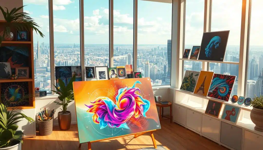 A serene, sun-dappled studio filled with an array of vibrant, generative NFT artworks. In the foreground, a digital canvas displays a mesmerizing, abstract work pulsing with dynamic shapes and colors. On the middle-ground shelves, a collection of curated NFT pieces in various styles - from surreal dreamscapes to bold, geometric compositions. The background features a panoramic view of a bustling, high-tech metropolis, hinting at the global reach and commercial potential of this lucrative digital art frontier. Warm, soft lighting illuminates the scene, evoking a sense of creative inspiration and entrepreneurial opportunity. A serene, sun-dappled studio filled with an array of vibrant, generative NFT artworks. In the foreground, a digital canvas displays a mesmerizing, abstract work pulsing with dynamic shapes and colors. On the middle-ground shelves, a collection of curated NFT pieces in various styles - from surreal dreamscapes to bold, geometric compositions. The background features a panoramic view of a bustling, high-tech metropolis, hinting at the global reach and commercial potential of this lucrative digital art frontier. Warm, soft lighting illuminates the scene, evoking a sense of creative inspiration and entrepreneurial opportunity.