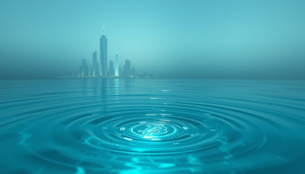 A serene, underwater scene depicting the concept of "liquidity rewards". In the foreground, a transparent, glowing pool of liquid cryptocurrency tokens swirls and dances, creating mesmerizing ripples. The middle ground features a futuristic, minimalist cityscape with angular, neon-lit skyscrapers reflecting in the liquid. The background is a vast, ethereal seascape with a dreamlike, hazy quality, suggesting a sense of depth and tranquility. The lighting is soft and diffused, creating a calming, meditative atmosphere. The camera angle is positioned slightly above the liquid pool, giving the viewer a sense of floating and weightlessness. The overall mood evokes a feeling of passive, effortless income generation through crypto liquidity mining and staking.