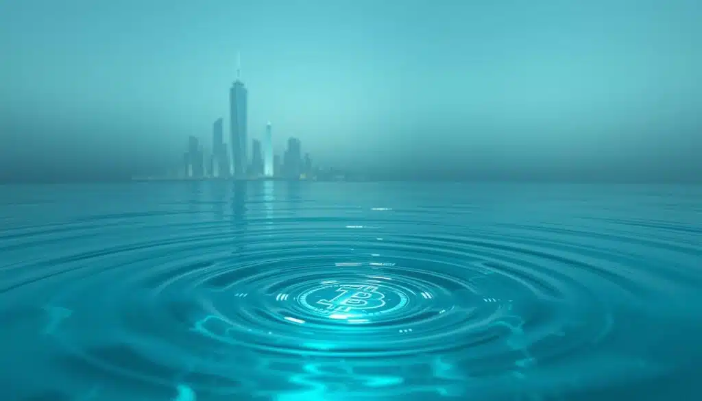 A serene, underwater scene depicting the concept of "liquidity rewards". In the foreground, a transparent, glowing pool of liquid cryptocurrency tokens swirls and dances, creating mesmerizing ripples. The middle ground features a futuristic, minimalist cityscape with angular, neon-lit skyscrapers reflecting in the liquid. The background is a vast, ethereal seascape with a dreamlike, hazy quality, suggesting a sense of depth and tranquility. The lighting is soft and diffused, creating a calming, meditative atmosphere. The camera angle is positioned slightly above the liquid pool, giving the viewer a sense of floating and weightlessness. The overall mood evokes a feeling of passive, effortless income generation through crypto liquidity mining and staking. A serene, underwater scene depicting the concept of "liquidity rewards". In the foreground, a transparent, glowing pool of liquid cryptocurrency tokens swirls and dances, creating mesmerizing ripples. The middle ground features a futuristic, minimalist cityscape with angular, neon-lit skyscrapers reflecting in the liquid. The background is a vast, ethereal seascape with a dreamlike, hazy quality, suggesting a sense of depth and tranquility. The lighting is soft and diffused, creating a calming, meditative atmosphere. The camera angle is positioned slightly above the liquid pool, giving the viewer a sense of floating and weightlessness. The overall mood evokes a feeling of passive, effortless income generation through crypto liquidity mining and staking.