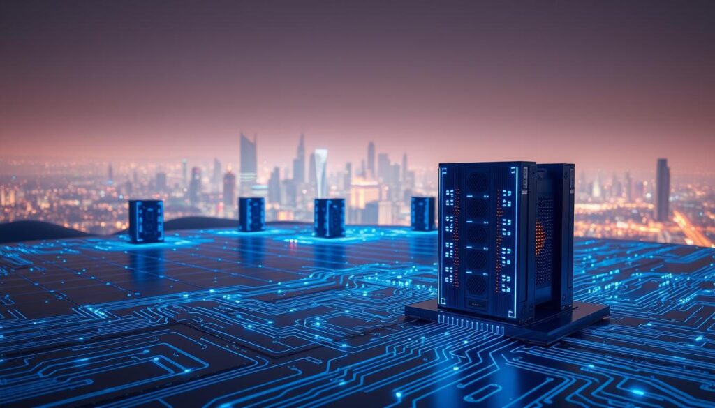 A serene, well-lit 3D landscape depicting a staking network. In the foreground, a sleek, futuristic blockchain node with glowing blue indicators, surrounded by intricate circuit patterns on the ground. In the middle ground, a cluster of similar nodes interconnected by glowing data streams. In the background, a hazy skyline with towering skyscrapers and a vibrant, neon-lit cityscape. Soft, directional lighting casts long shadows, creating a sense of depth and scale. The overall atmosphere is one of technological sophistication, efficiency, and passive income generation.