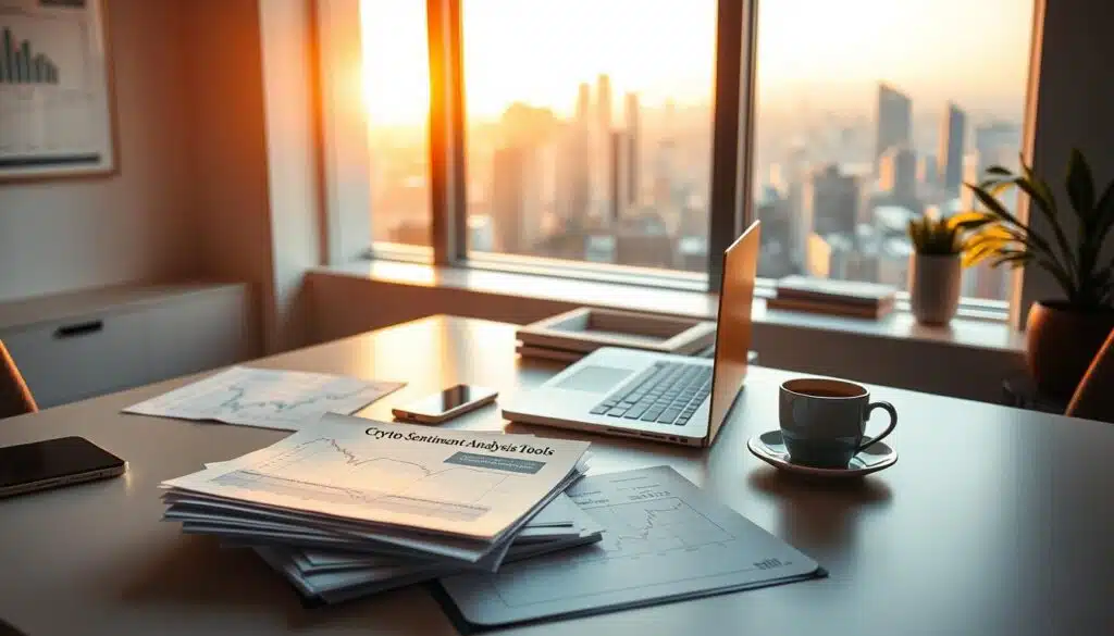 A serene, well-lit office space with a desk displaying a laptop, smartphone, and various financial charts and graphs. In the foreground, a stack of documents labeled "Crypto Sentiment Analysis Tools" sits next to a cup of coffee. The middle ground features a large window overlooking a cityscape, bathed in warm, golden hour lighting. The background showcases a minimalist, modern decor with clean lines and a muted color palette, creating a professional, yet calming atmosphere. The scene conveys a sense of productivity, research, and the exploration of cryptocurrency market sentiment through accessible, free analysis tools.