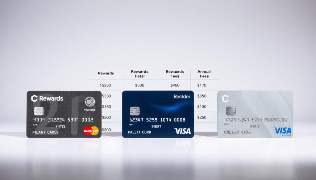 A side-by-side comparison of rewards credit cards, showcasing their annual fees and ongoing costs. The foreground features three distinct credit cards, each with its own unique design and branding. The middle ground displays a clean, minimalist table highlighting the key metrics - rewards rates, annual fees, and other relevant details. The background is a soft, gradient-based setting, creating a professional and polished atmosphere. Crisp lighting accentuates the cards' textures and reflections, inviting the viewer to examine the details closely. The overall composition strikes a balance between informative clarity and aesthetic appeal, perfectly suited to illustrate the section on crypto cashback credit card comparisons.