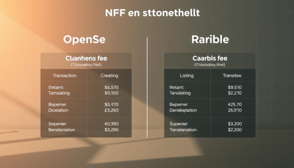 A side-by-side comparison of the fee structures of the OpenSea and Rarible NFT marketplaces, showcased in a clean, data-driven infographic. The foreground depicts the key fees for each platform, such as transaction, creator, and listing fees, presented in a clear, easy-to-understand format. The middle ground features simple, minimalist icons and illustrations to complement the data, while the background maintains a neutral, professional tone with a subtle grid pattern or geometric shapes to accentuate the informative nature of the image. Warm, natural lighting illuminates the scene, creating a sense of clarity and authority. The overall mood is analytical, data-driven, and designed to effectively communicate the relevant details to the viewer.
