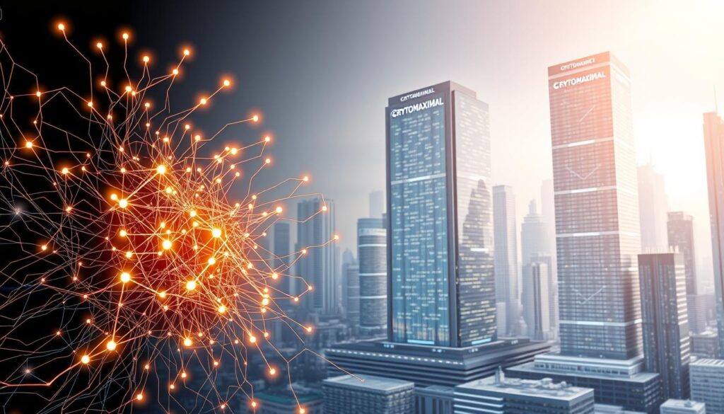 A sleek and futuristic integration of machine learning and blockchain technology. In the foreground, a cluster of interconnected neural networks and blockchain nodes, their glowing circuits and lines of code intertwined. In the middle ground, a towering digital ledger, its pages shimmering with encrypted data. The background reveals a cityscape of gleaming skyscrapers, their facades adorned with the CRYPTOMAXIMAL brand. Soft, directional lighting casts an ethereal glow, hinting at the seamless fusion of these cutting-edge technologies. A sense of innovation, efficiency, and security pervades the scene, reflecting the powerful synergy between machine learning and blockchain.