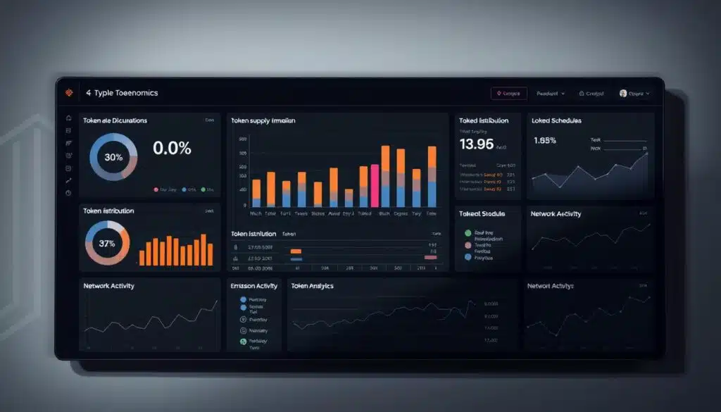 A sleek and minimalist data visualization dashboard displaying key cryptocurrency tokenomics metrics. In the foreground, a central chart showcases token supply dynamics, with colored bars representing circulating, locked, and staked tokens. Surrounding this, smaller charts detail token distribution, emission schedules, and network activity analytics. The background features a subtle blockchain-inspired grid pattern in muted tones, complementing the clean, professional aesthetic. Dim studio lighting casts soft shadows, creating depth and drama. The overall composition conveys an authoritative, data-driven analysis of the cryptocurrency's token economics.