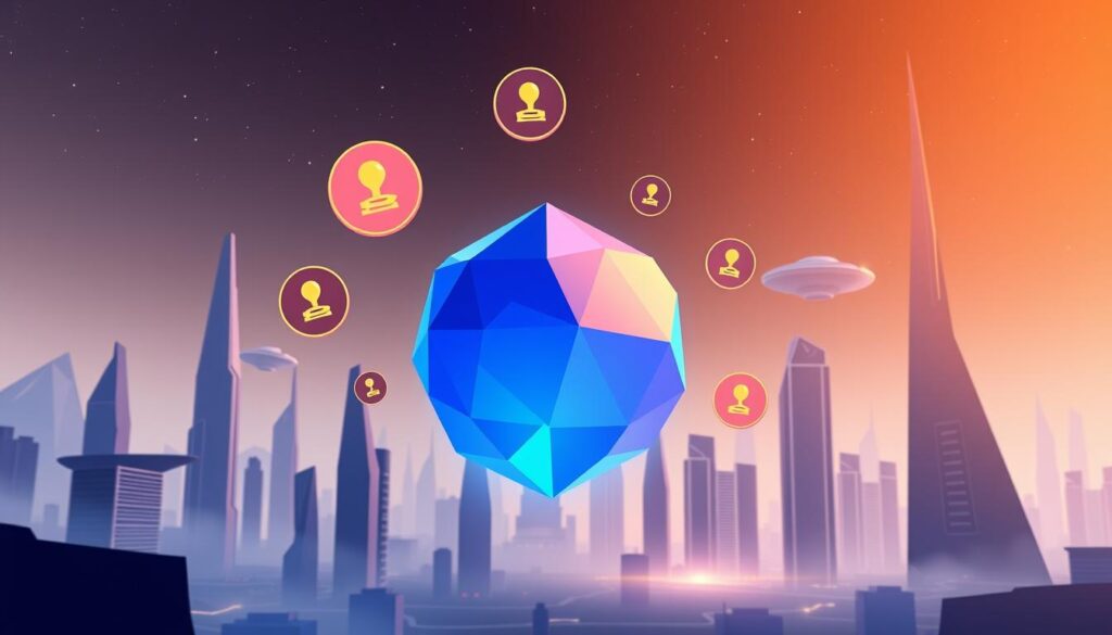 A sleek and minimalist digital illustration showcasing the concept of smart contracts rewards points. In the foreground, a crystalline polygon forms the centerpiece, its facets glowing with a vibrant blue hue, symbolizing the blockchain-powered smart contract. Floating around it are a series of circular icons, each representing a different reward or loyalty point type, rendered in a warm color palette. The middle ground features a futuristic cityscape, with tall, angular skyscrapers and hovering transport pods, all bathed in a soft, diffused lighting. The background depicts a starry night sky, hinting at the global, decentralized nature of the blockchain network. The overall tone is one of innovation, technology, and the seamless integration of smart contracts into modern loyalty programs.