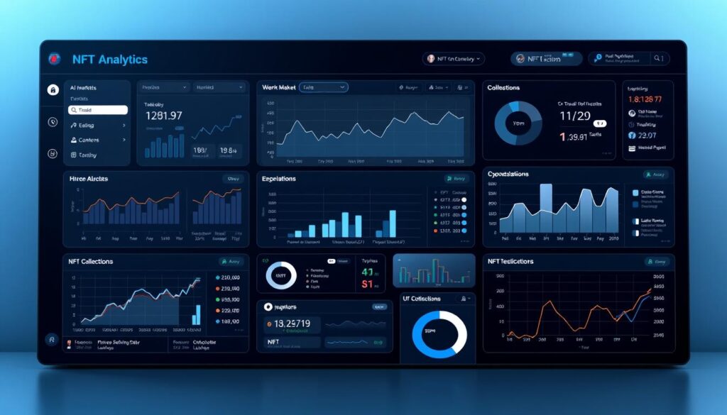 A sleek and modern NFT analytics dashboard, with a large central display showcasing key market data and insights. In the foreground, various interactive visualizations and charts present NFT trading volume, price trends, and collector activity. The middle ground features customizable widgets for monitoring individual NFT collections, rankings, and alerts. The background has a minimalist, high-contrast design with subtle gridlines and a cool, monochromatic color palette, creating a sense of technological sophistication. Crisp, high-resolution rendering with precise details and seamless transitions between the different dashboard elements, bathed in soft, indirect lighting that emphasizes the clean, professional aesthetic.