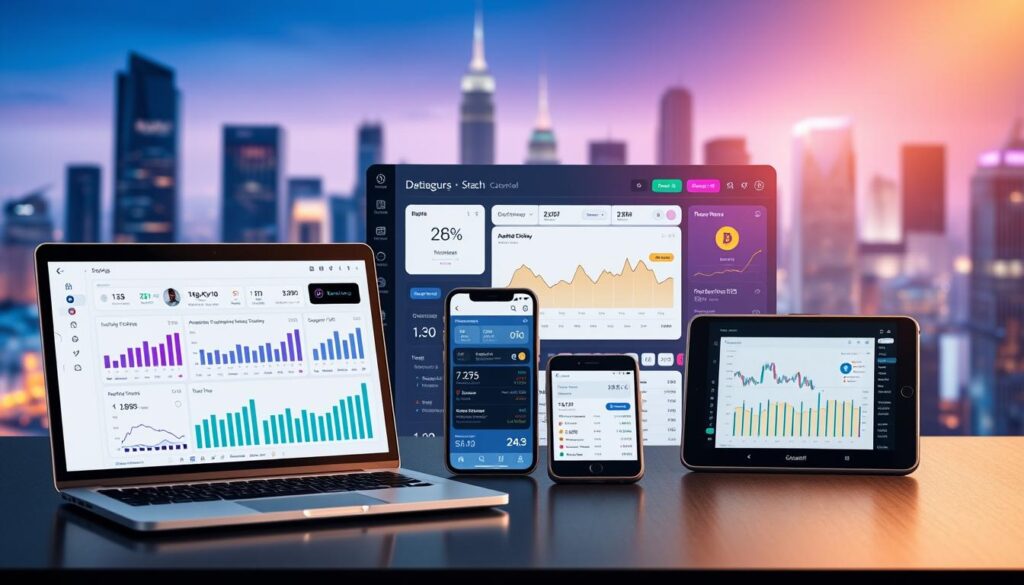 A sleek and modern dashboard showcasing the best crypto portfolio tools. In the foreground, a laptop display presents a clean, data-driven interface with charts, graphs, and interactive visualizations. The middle ground features various mobile devices and tablets, each highlighting different portfolio management features such as asset tracking, performance analytics, and transaction history. The background is a subtle, blurred cityscape with skyscrapers and a vibrant, futuristic color palette of blues, purples, and golds, conveying a sense of technological sophistication and financial innovation. The overall scene is lit by a warm, directional light source, casting a soft glow and creating depth and dimension. The mood is one of efficiency, precision, and the cutting edge of crypto portfolio management.