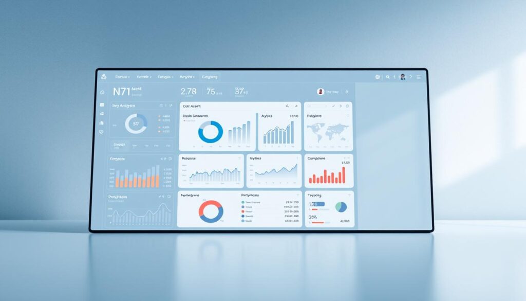 A sleek and modern data visualization interface, with a clean and minimal design. The foreground features an interactive dashboard displaying real-time NFT analytics data, including charts, graphs, and key performance indicators. The middle ground showcases various NFT asset visualizations, with dynamic and responsive UI elements. The background has a subtle, textured gradient in cool, calming tones, creating a sense of depth and sophistication. The lighting is soft and diffused, highlighting the clarity and precision of the data presentation. The camera angle is slightly elevated, providing an unobstructed view of the entire interface, conveying a sense of control and mastery over the NFT analytics landscape.