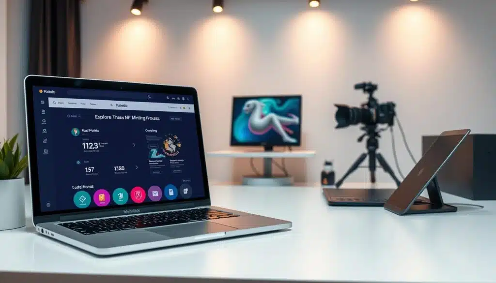 A sleek and modern digital art platform, Kaleido, comes to life in a crisp, well-lit setup. In the foreground, a laptop displays the intuitive user interface, inviting users to explore the NFT minting process. Strategically placed design elements, such as a stylish tablet and a minimalist desk setup, create a seamless and visually appealing work environment. The middle ground showcases essential tools like a digital drawing tablet and a professional-grade camera, hinting at the platform's comprehensive creative capabilities. The background features a minimalist, monochrome wall, lending a sense of focus and professionalism to the scene. Warm lighting emanates from carefully placed sources, casting a soft, inviting glow over the entire setup, epitomizing the Kaleido platform's user-friendly and visually captivating nature.