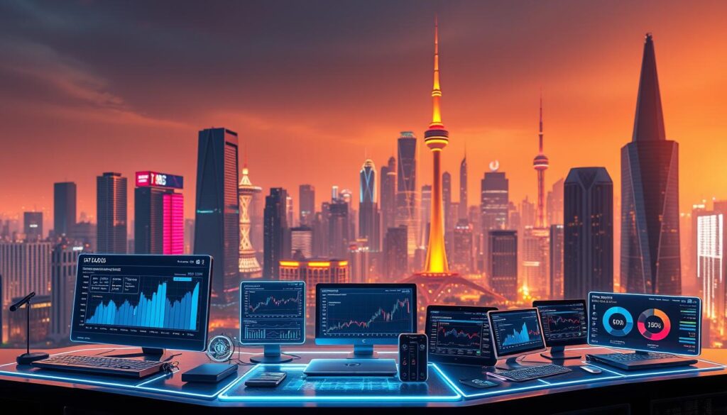 A sleek and modern futuristic scene featuring a diverse array of cutting-edge AI-powered cryptocurrency analysis tools and platforms. In the foreground, a holographic display showcases real-time market data, trend analysis, and portfolio management dashboards. In the middle ground, various devices and interfaces illustrate the seamless integration of AI into the crypto trading workflow. The background depicts a dynamic cityscape of skyscrapers and neon-lit towers, representing the fast-paced, technologically-advanced world of decentralized finance. The scene is illuminated by warm, directional lighting, casting dramatic shadows and highlights to emphasize the sophisticated, high-tech aesthetic. The overall mood is one of innovation, efficiency, and the boundless possibilities of AI in the crypto space.