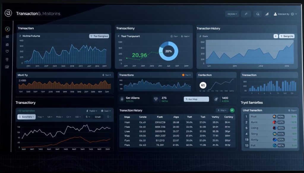 A sleek and modern transaction monitoring dashboard, featuring an intuitive layout with crisp data visualizations. The foreground showcases a series of interactive graphs, charts, and tables displaying real-time blockchain transaction metrics, such as transaction volume, network activity, and wallet balances. The middle ground highlights a comprehensive overview of transaction history, with filters and search capabilities. The background features a minimalist, dark-themed design with subtle grid patterns and clean typography, creating a professional and high-tech atmosphere. Soft, directional lighting casts subtle shadows, emphasizing the depth and clarity of the dashboard elements. The entire scene is captured from a slightly elevated, three-quarter perspective, providing a comprehensive view of the essential features of this blockchain analytics tool.